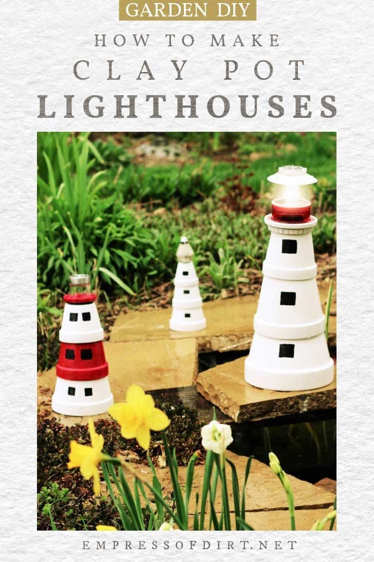 Decorative lighthouses made from clay pots.