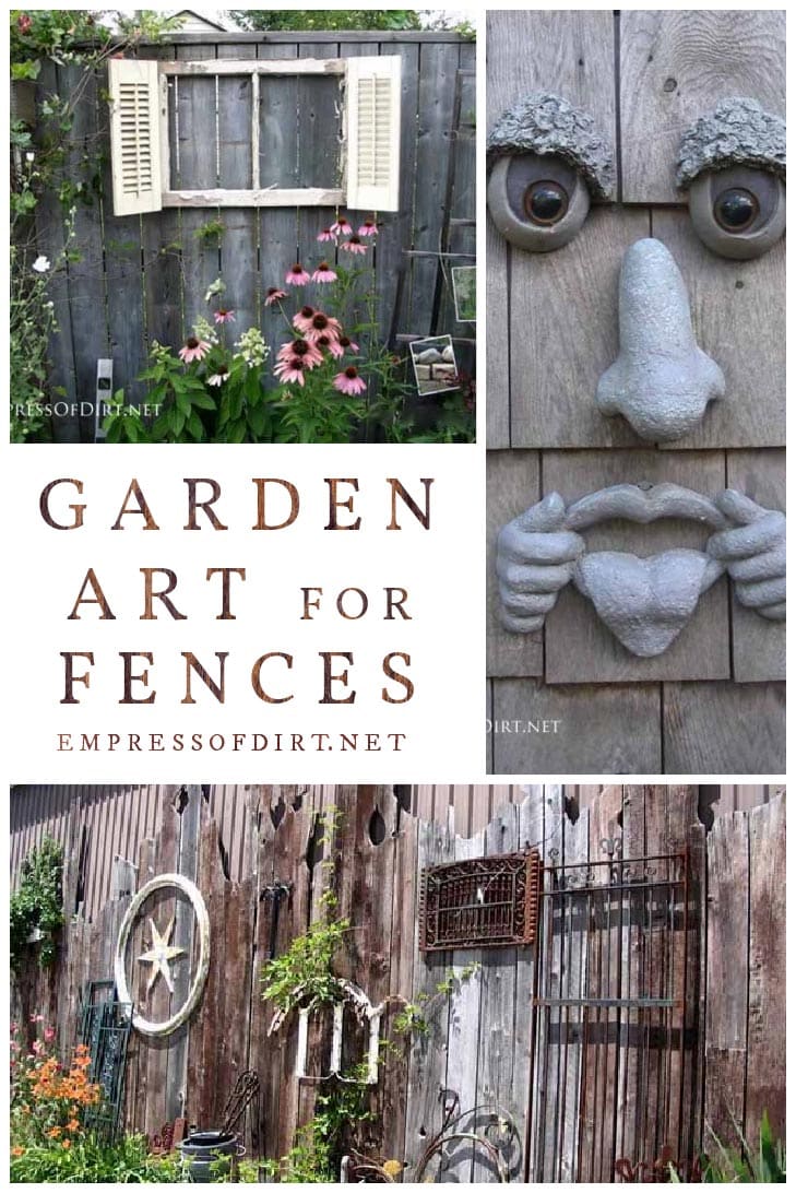 Garden art on fences including old tools, a funny face, and an old window frame.