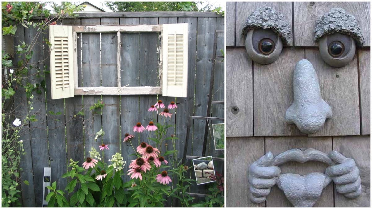 Garden art on fence including old window with shutters and funny face.
