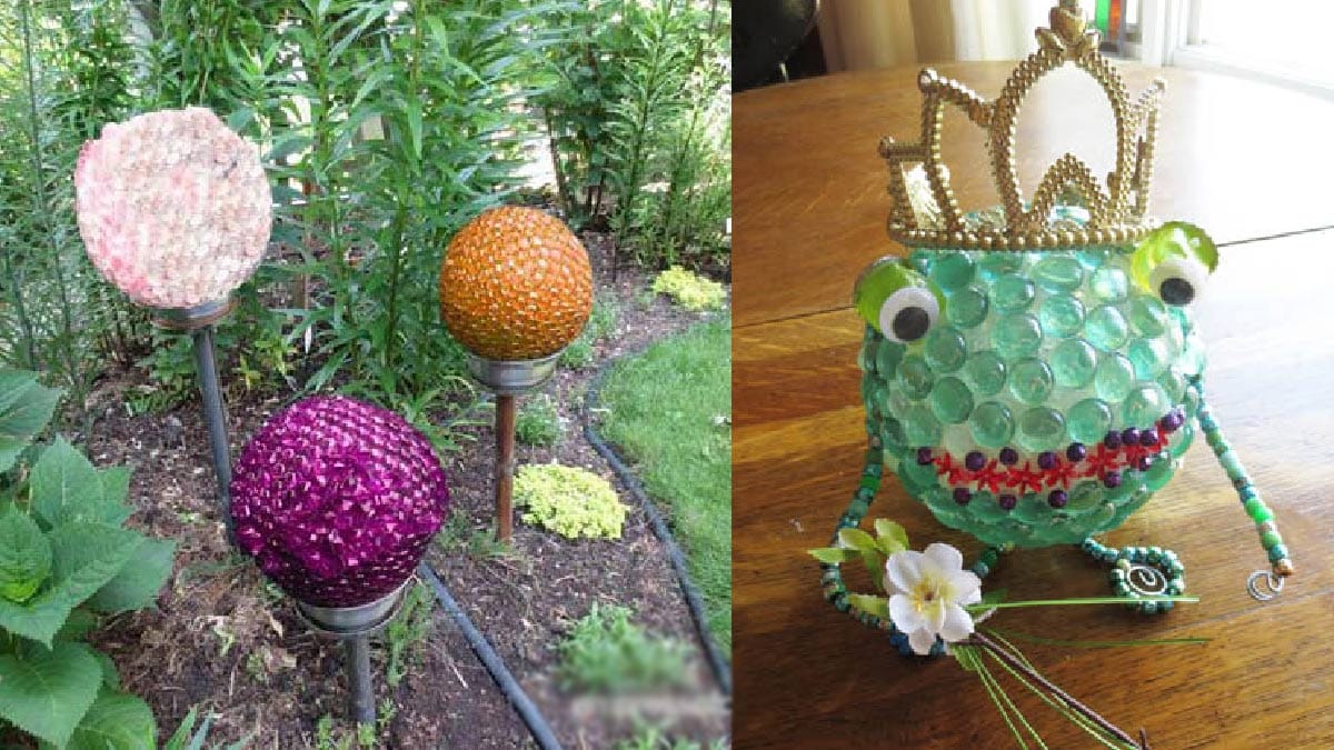 Garden balls and decorative frog created with glass gems.