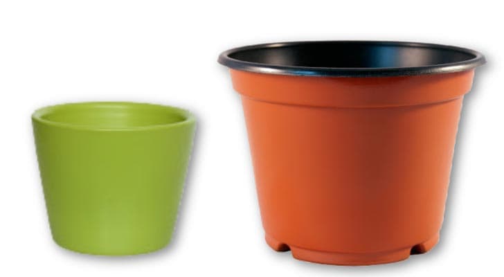 Two plastic flower pots: one small green one and one larger clay-colored one. 