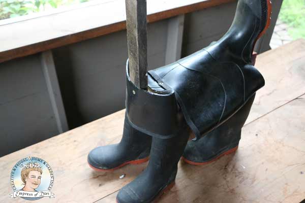 Creating back of rubber boot dog with cut boots. 