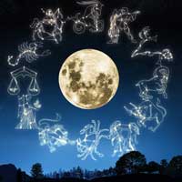 Large moon in the night sky surrounded by drawings of constellations.